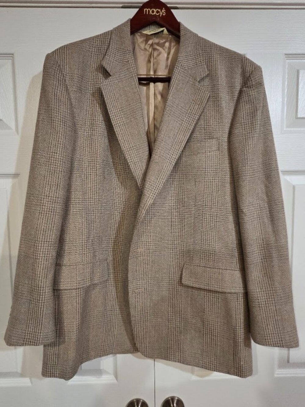Vintage Evan Picone Sport Coat 48L Tan Glen Plaid Wool Blazer USA Union Made